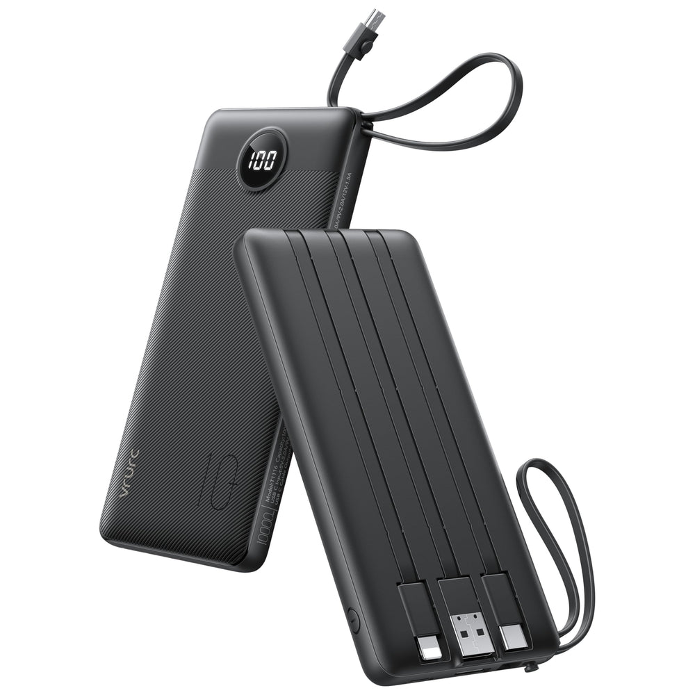 VRURC portable charger with built-in cables powering devices on the go