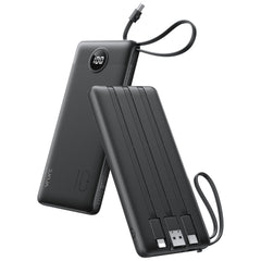 VRURC portable charger with built-in cables powering devices on the go