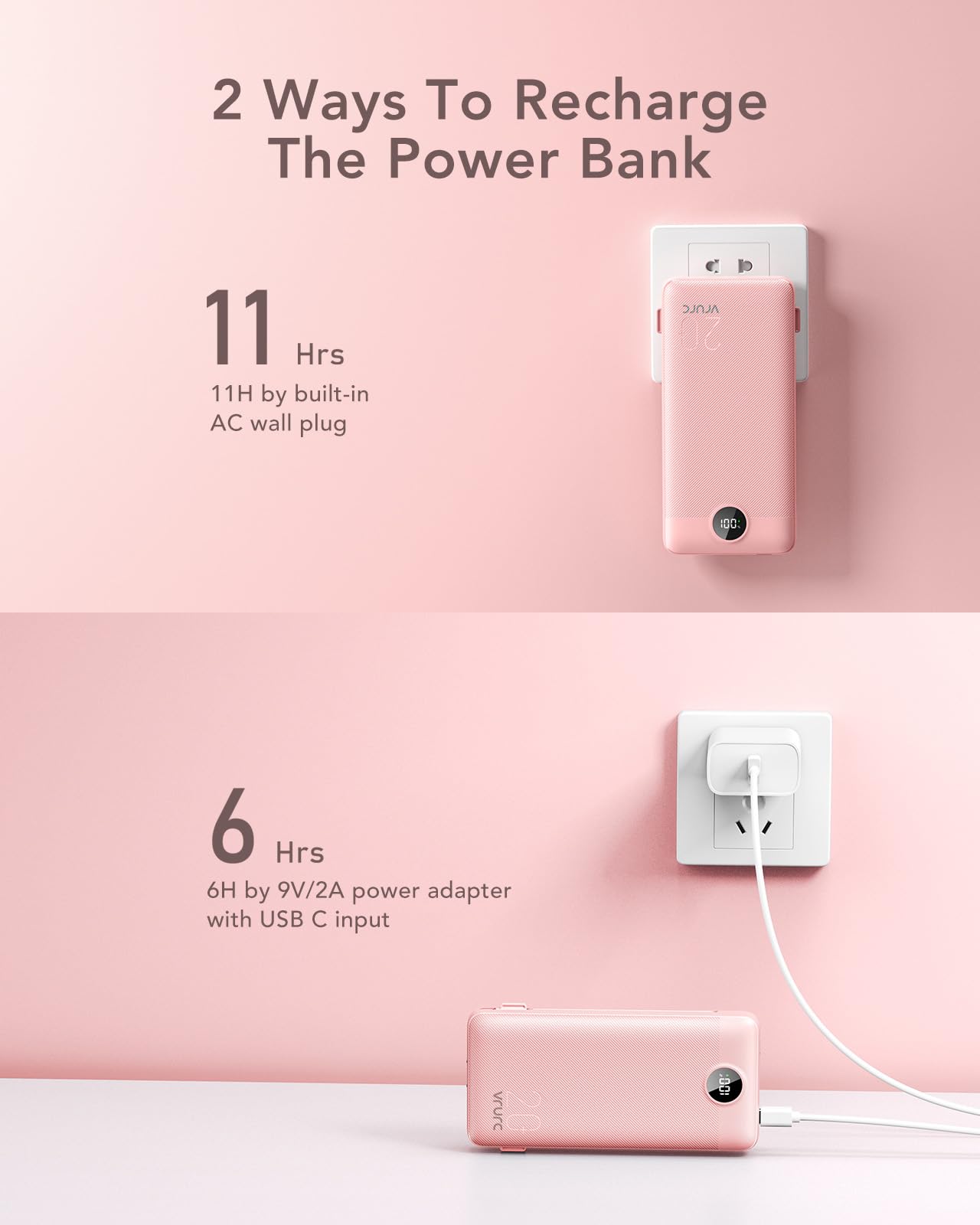 VRURC portable charger LED display shows remaining power at a glance