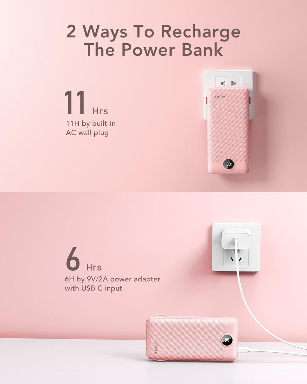 VRURC portable charger LED display shows remaining power at a glance
