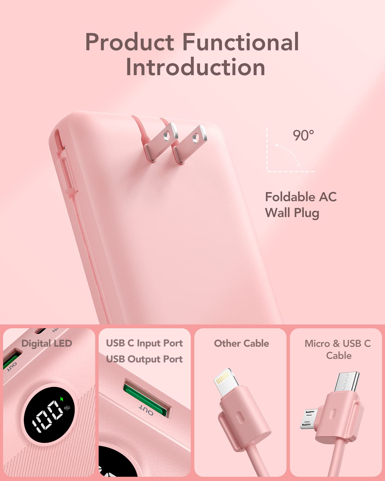 VRURC portable charger with ports and built-in cables for quick charging