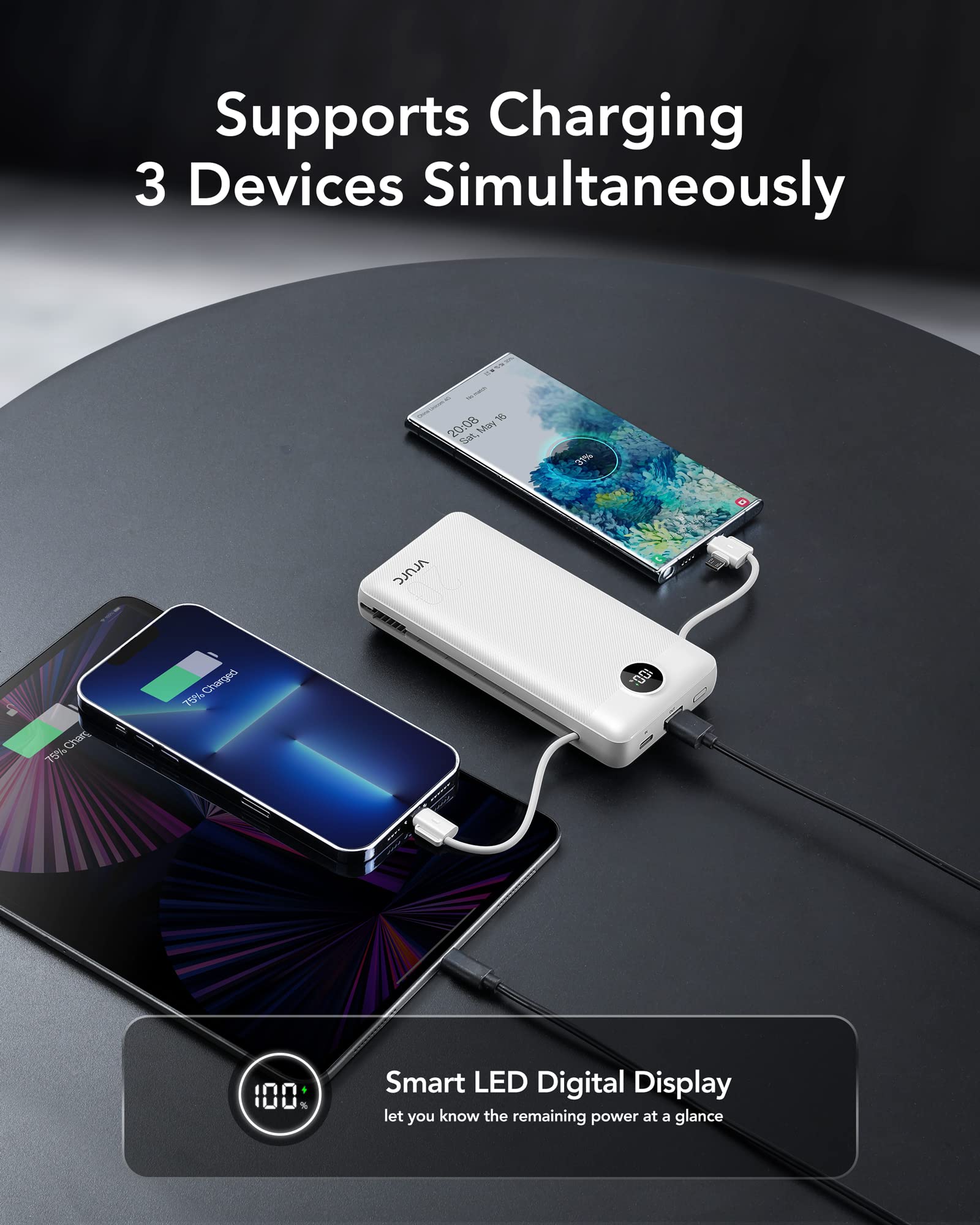 VRURC power bank compact size fits in bags and travel kits.