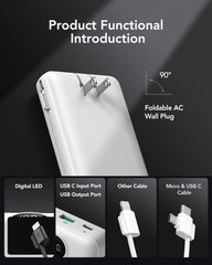 VRURC power bank with folding wall plug for travel-friendly charging.