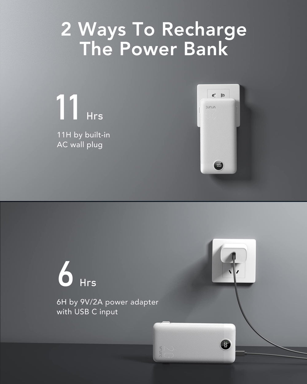 VRURC power bank USB-C port enables fast device charging.