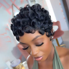 VRZ Pixie Cut Wig Brazilian curly back view with volume and movement