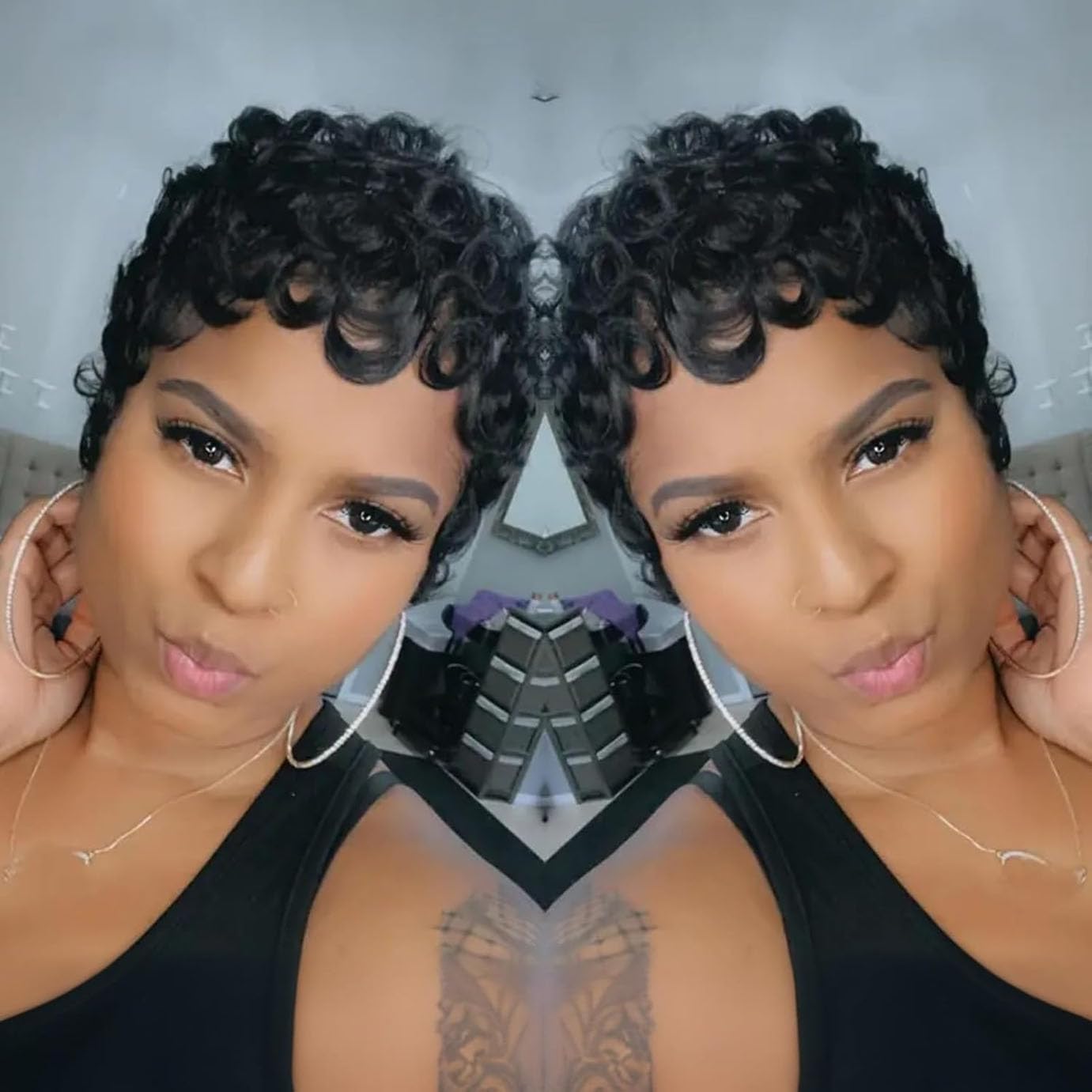 VRZ Pixie Cut Wig Brazilian curly bangs for face-framing style