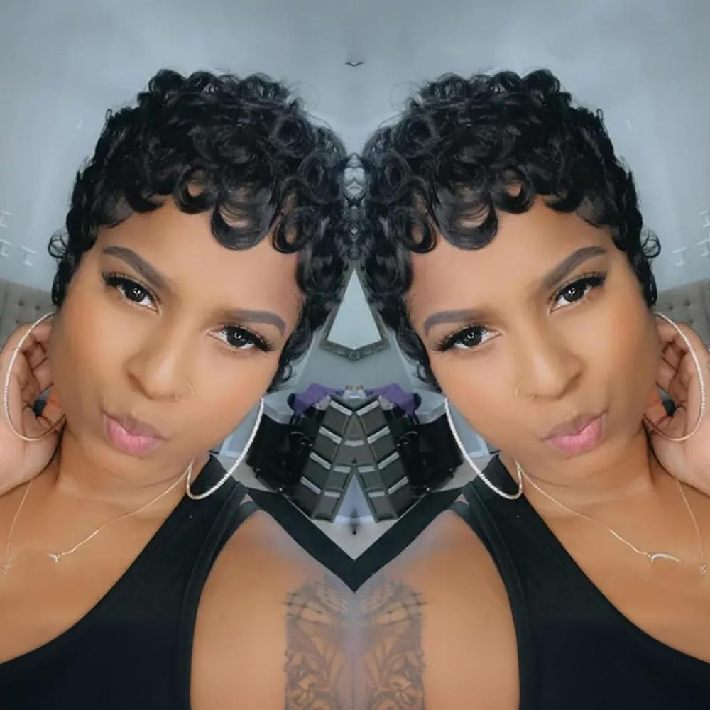VRZ Pixie Cut Wig Brazilian curly bangs for face-framing style