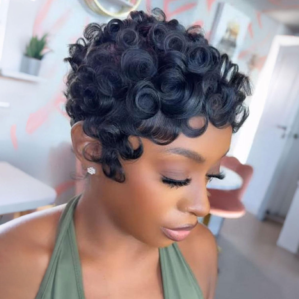 VRZ Pixie Cut Wig Brazilian curly side view showing layered texture