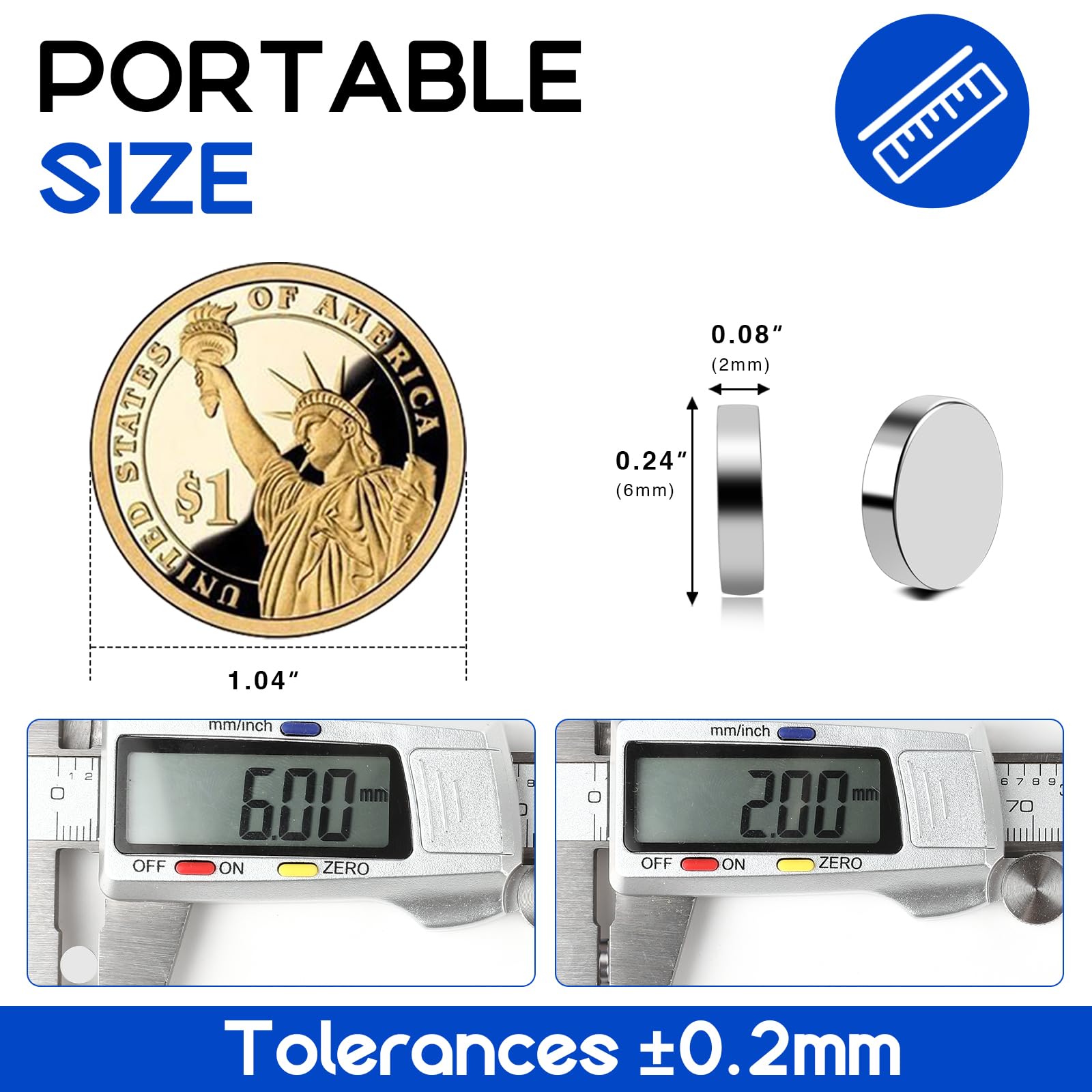Close-up of VSKIZ 6x2mm magnets with brushed nickel finish for durability.