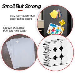 VSKIZ brushed-nickel-silver-finish magnets on a whiteboard showing strong hold and easy removal.