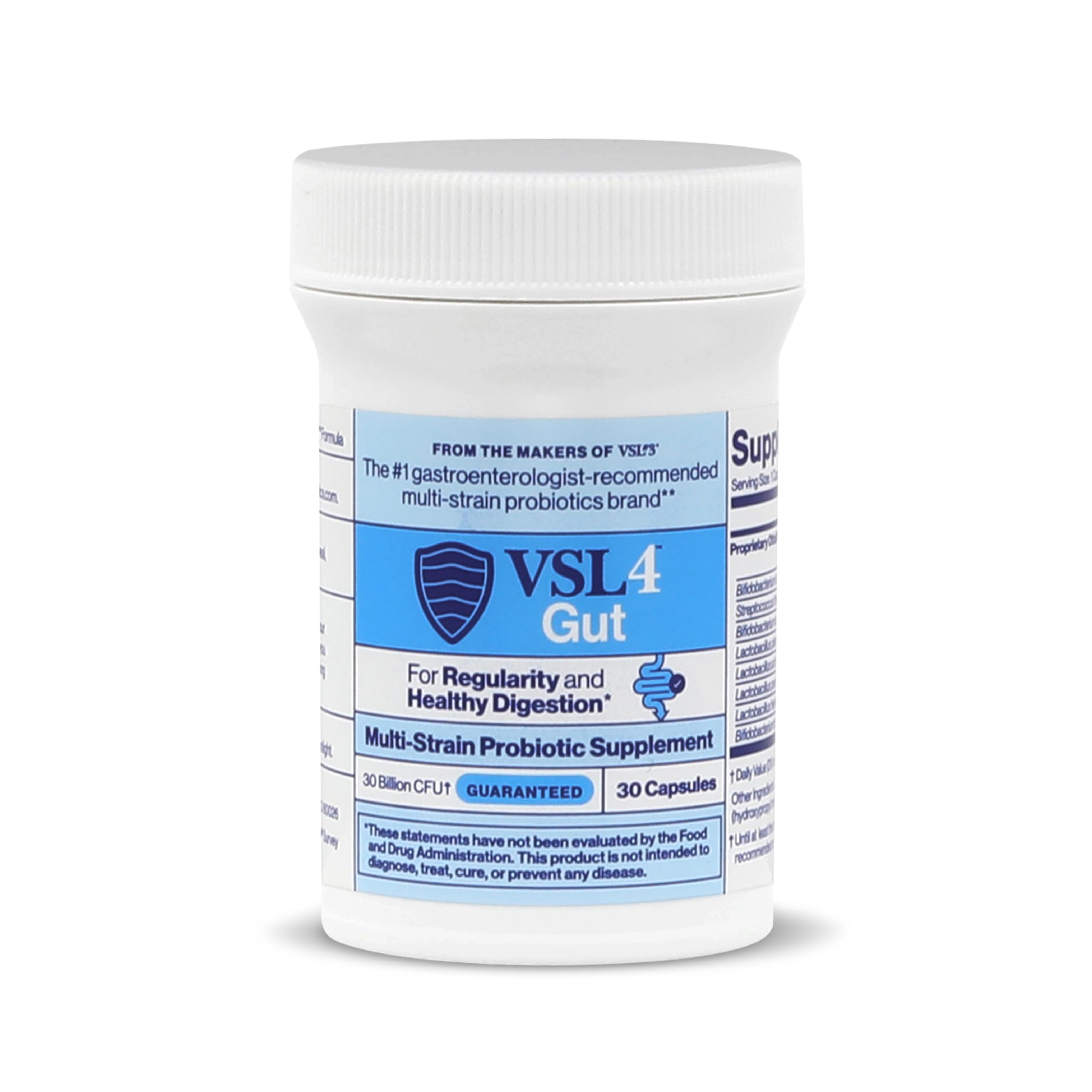 VSL4 Gut Daily Probiotics capsules close-up highlighting shelf-stable formula.