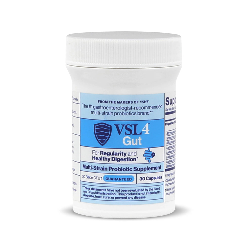 VSL4 Gut Daily Probiotics capsules close-up highlighting shelf-stable formula.