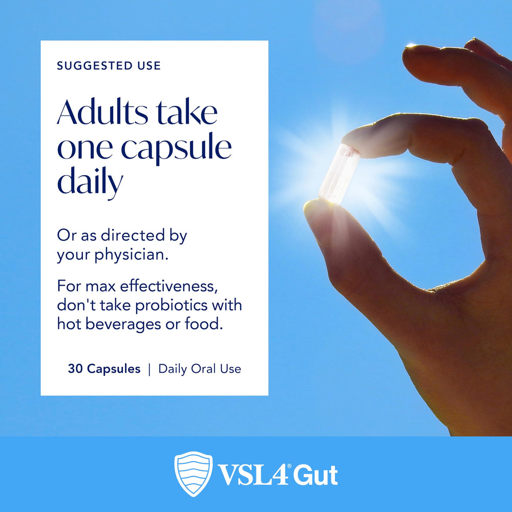 VSL4 packaging close-up noting allergen-free, vegan-friendly features.