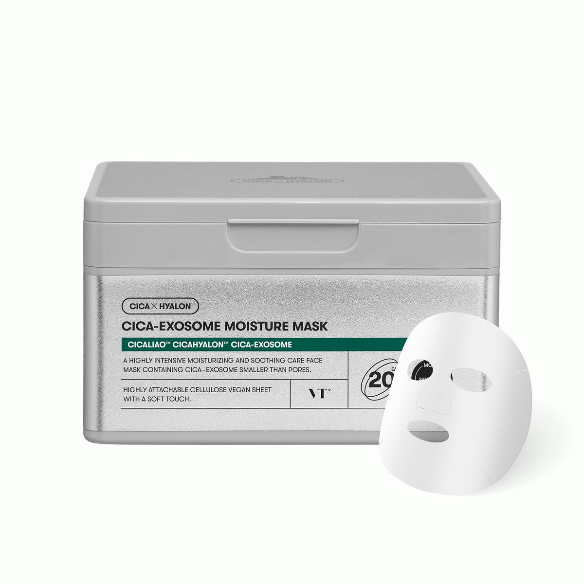 VT COSMETICS Cica-Exosome Mask application shows soothing hydration for calm skin.