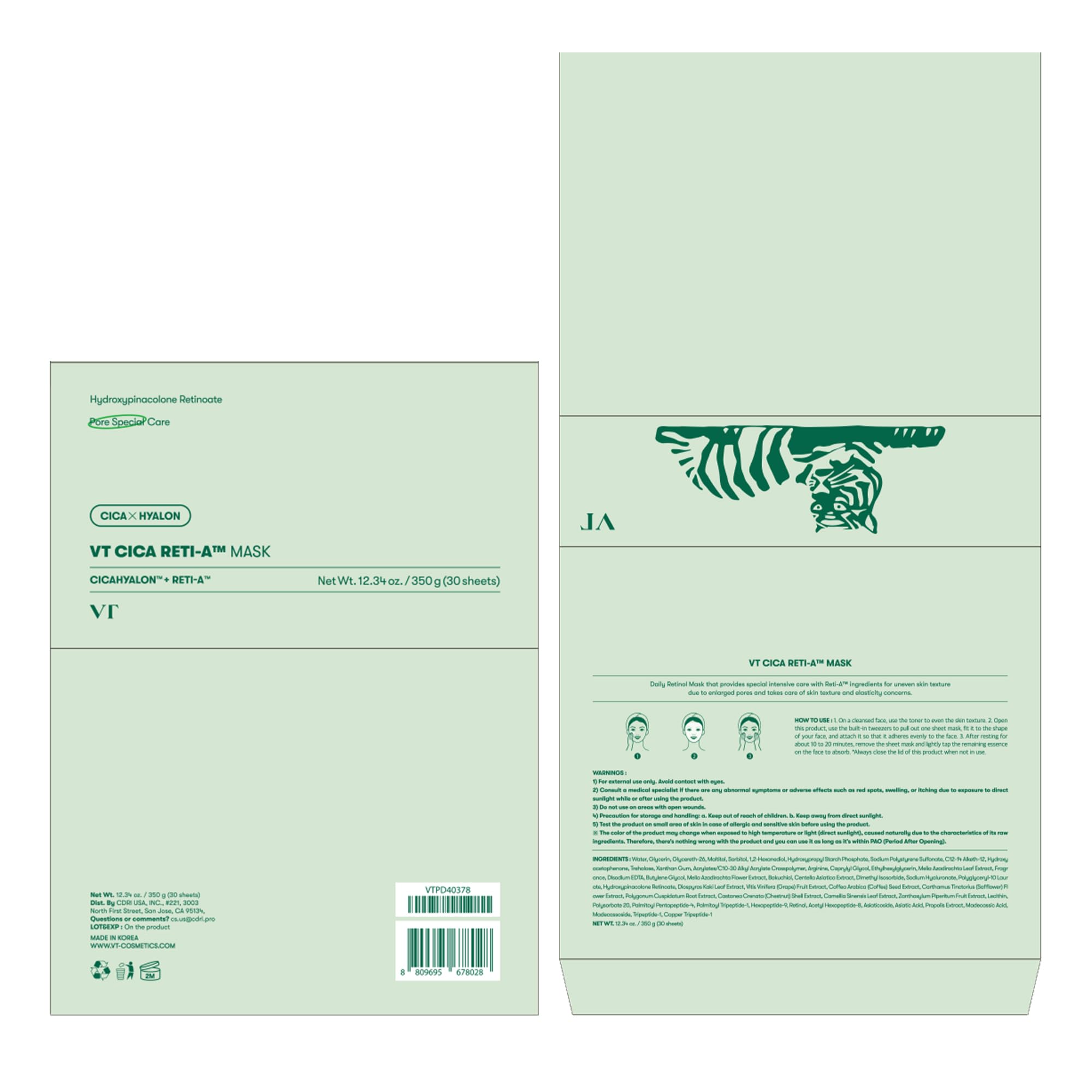 VT COSMETICS CICA RETI-A daily mask packaging unboxing conveys premium skincare quality