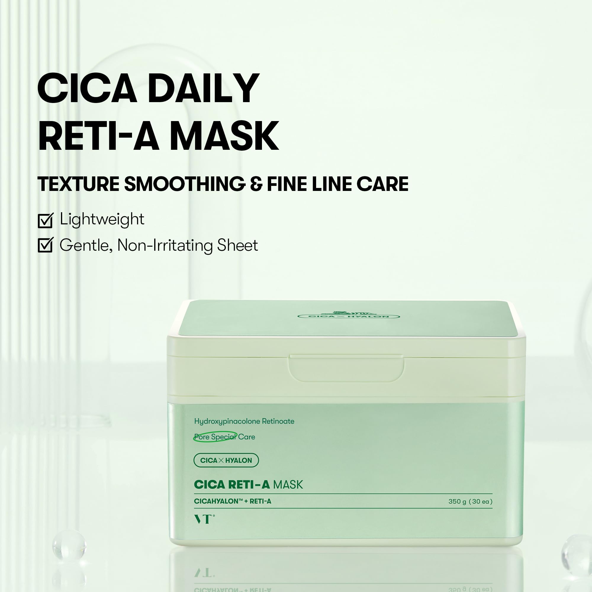 VT COSMETICS CICA RETI-A daily mask sheet close-up highlights smooth texture and gentle retinol support