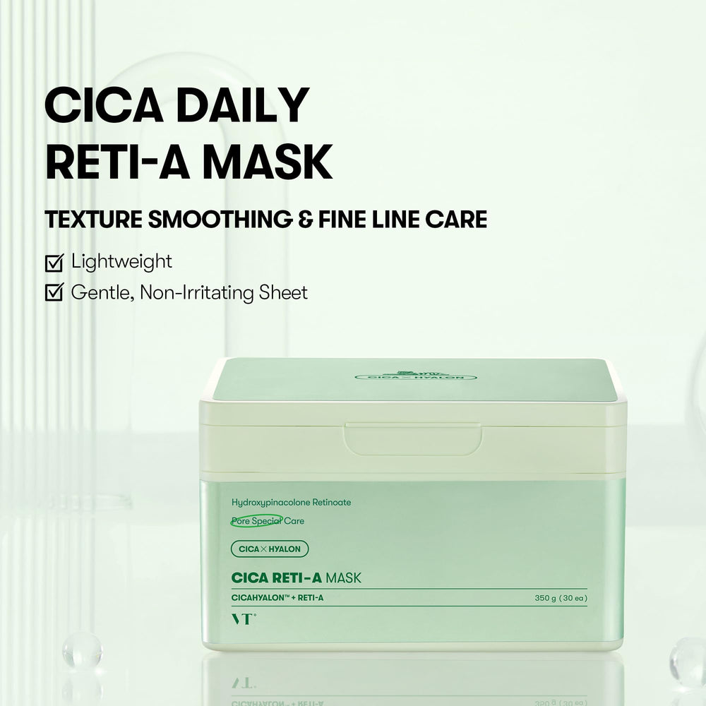 VT COSMETICS CICA RETI-A daily mask sheet close-up highlights smooth texture and gentle retinol support