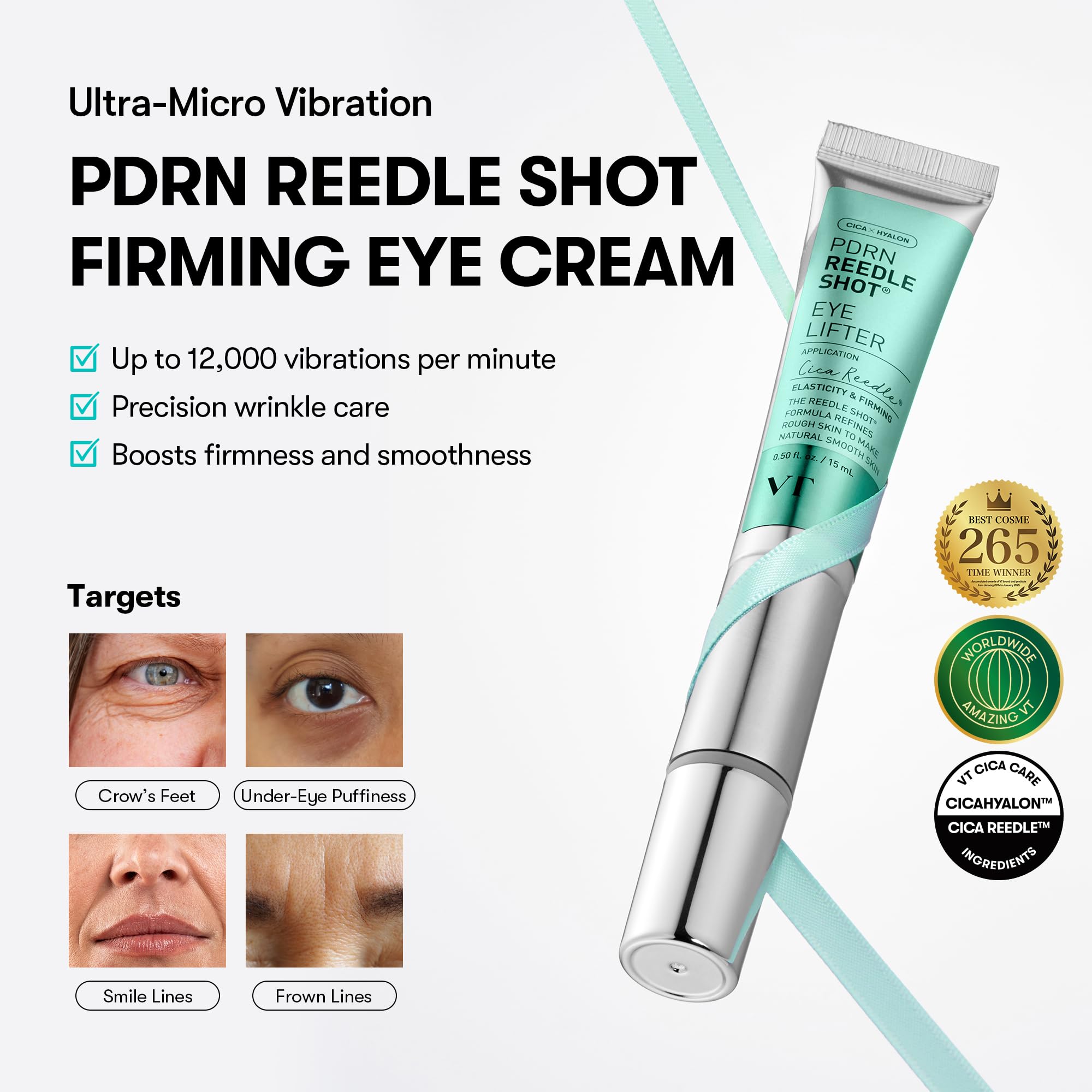 VT COSMETICS PDRN Reedle Shot eye cream applicator closeup shows precise application for smoother skin.