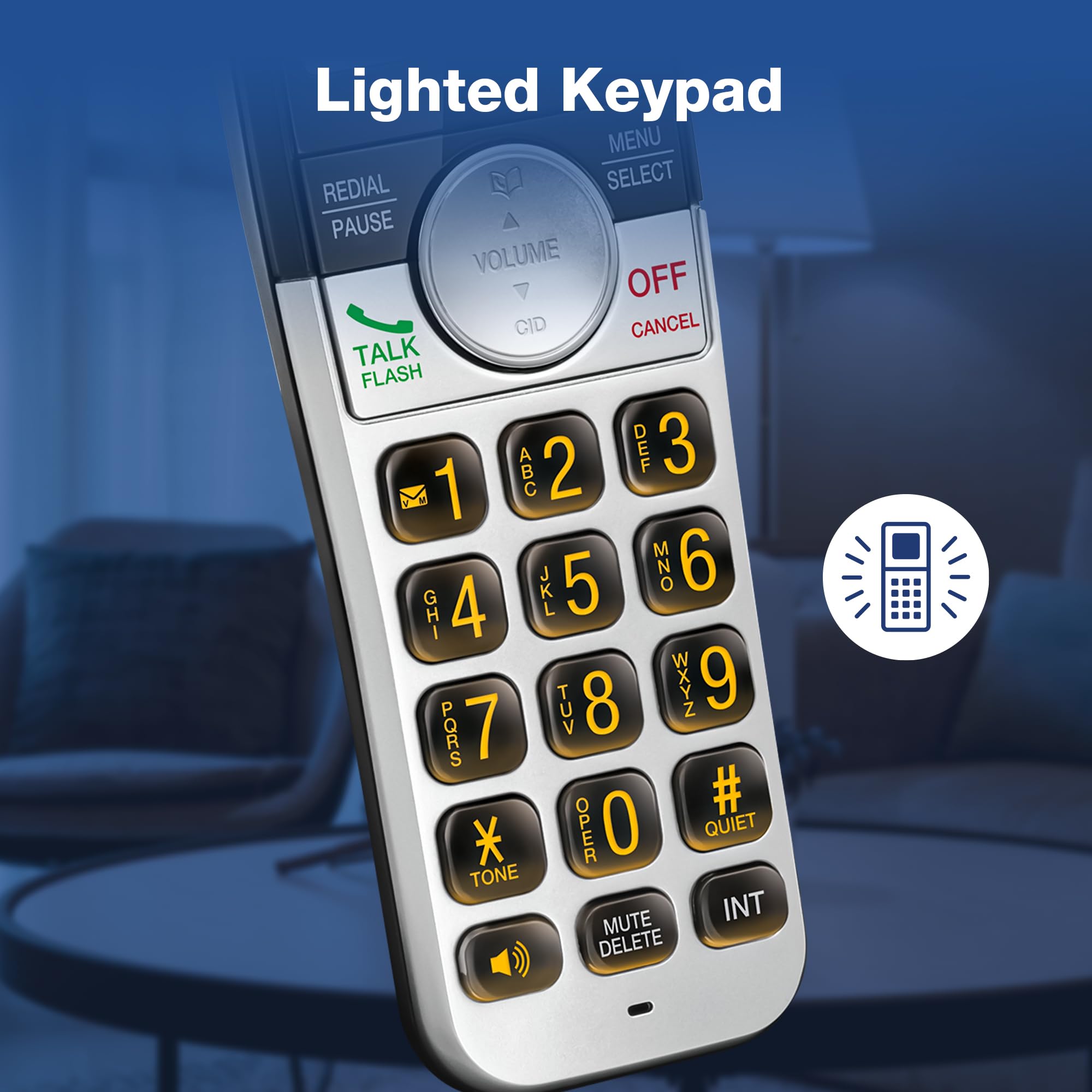 VTech VG231-2 backlit keypad and display aid visibility in dim light.