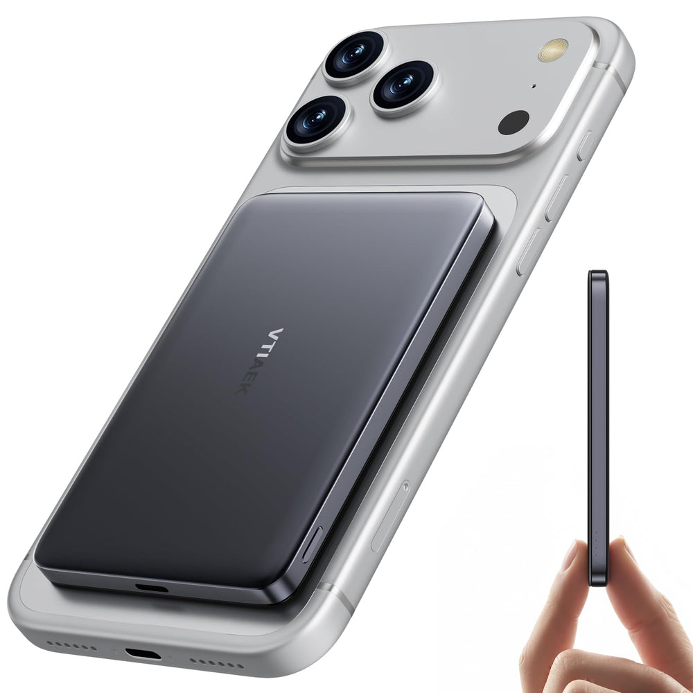 VTIAEK 0.3-inch ultra-thin MagSafe power bank for pocket-friendly charging.