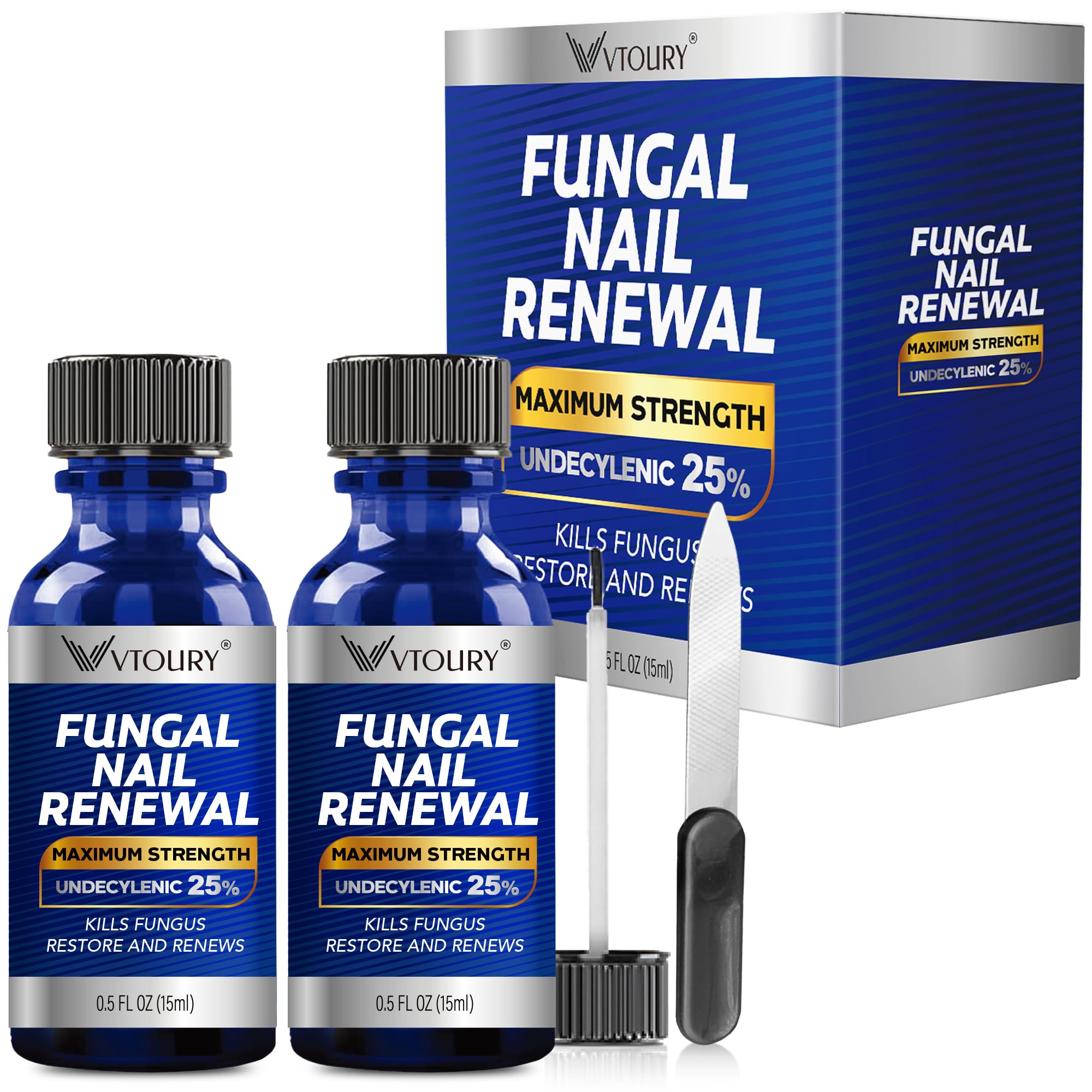 VTROUY toenail fungus treatment extra-strength two-bottle set supports renewed nail health.