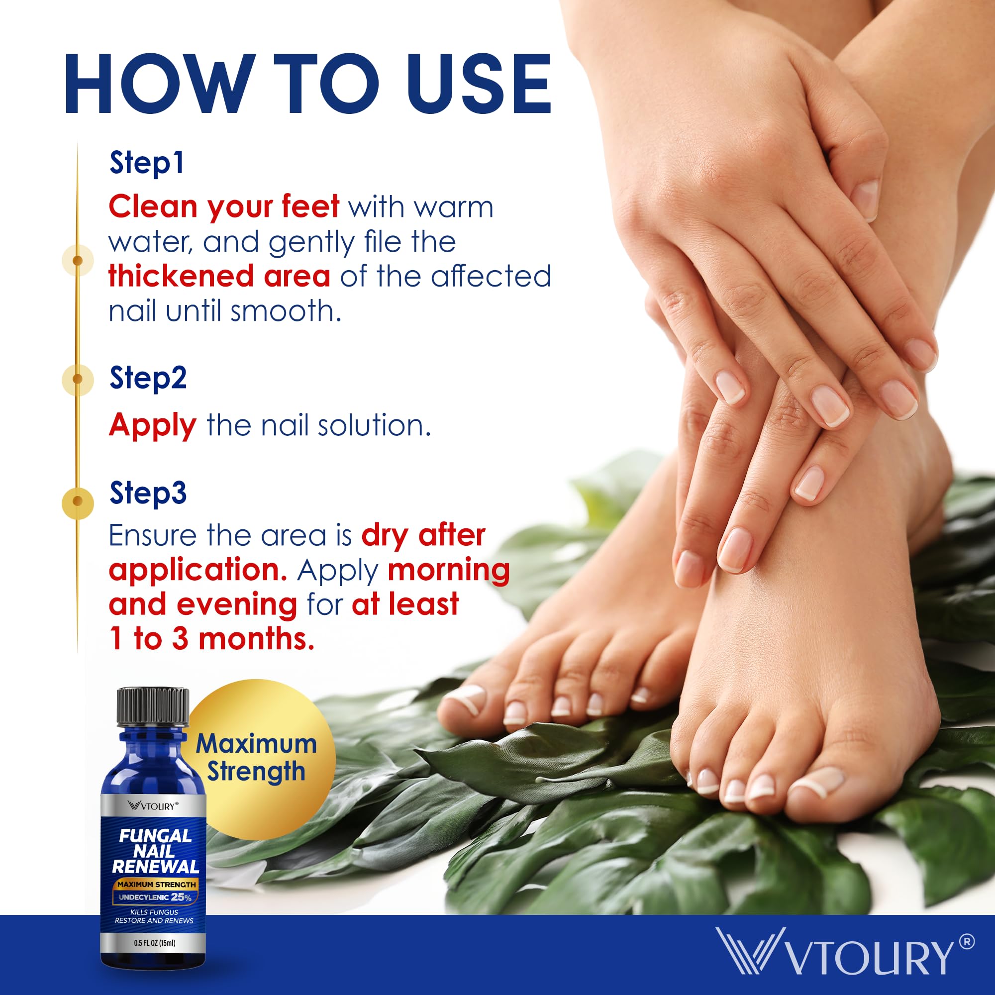 VTROUY twice-daily application guide with two bottles for consistency.