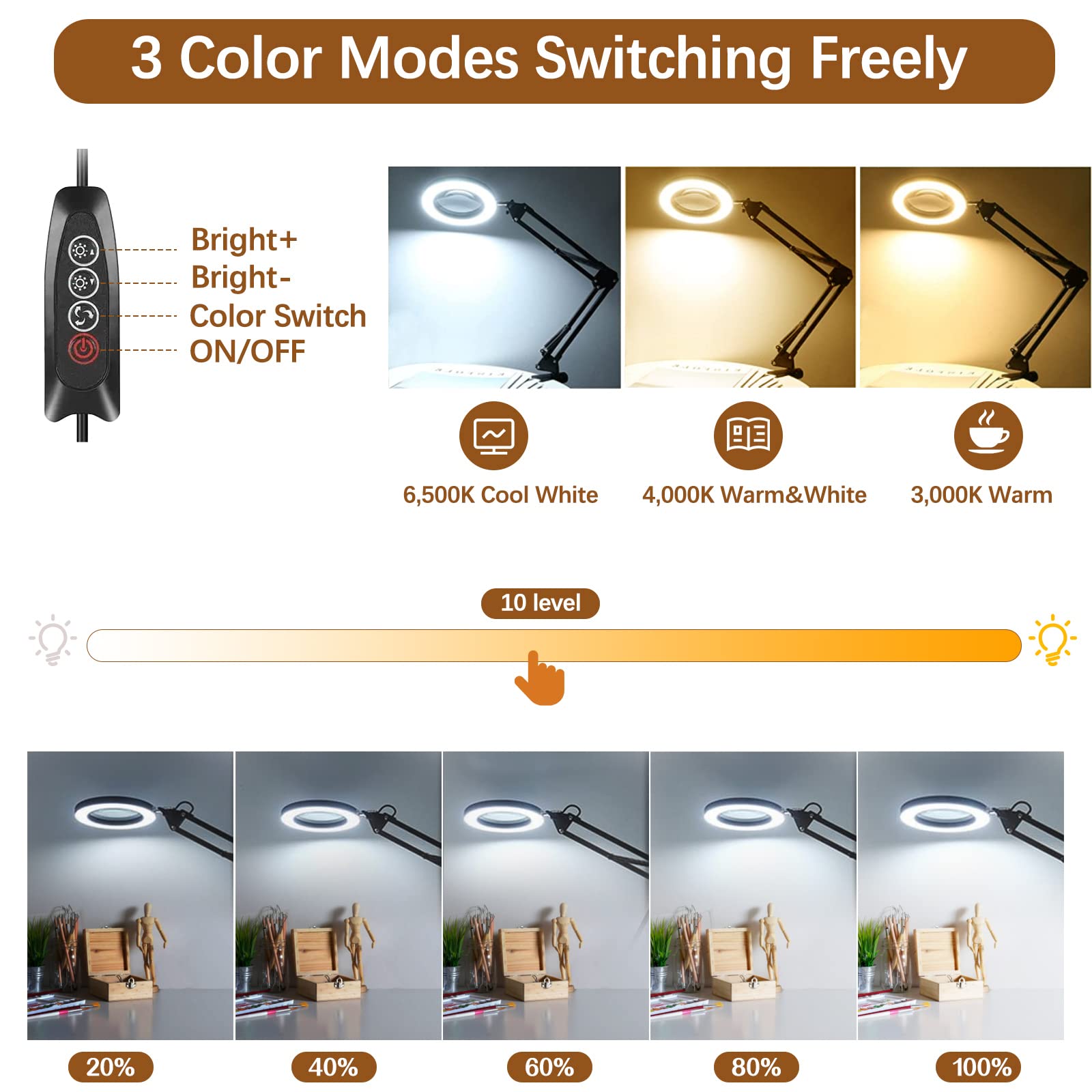 VUEJIC 72 LED dimmable light offers three color modes for detailed work.