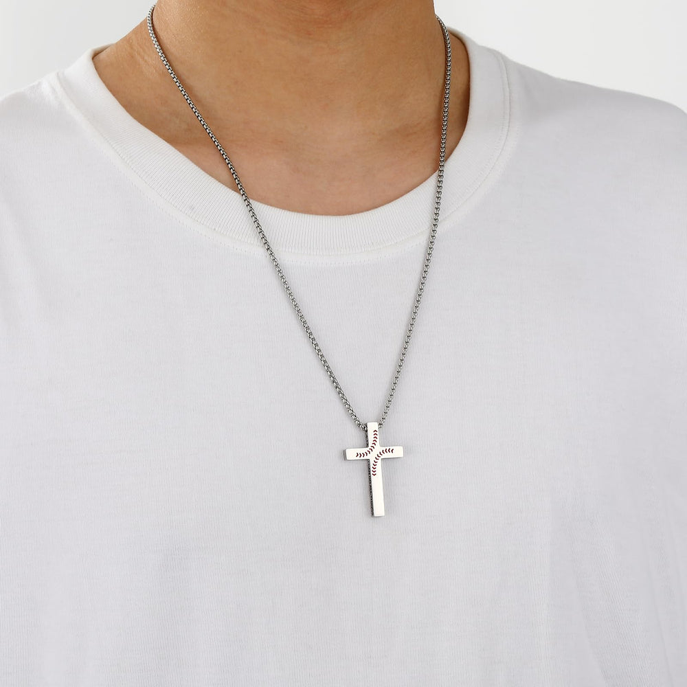 VULETO Baseball Cross Necklace chain detail highlights durable stainless steel.