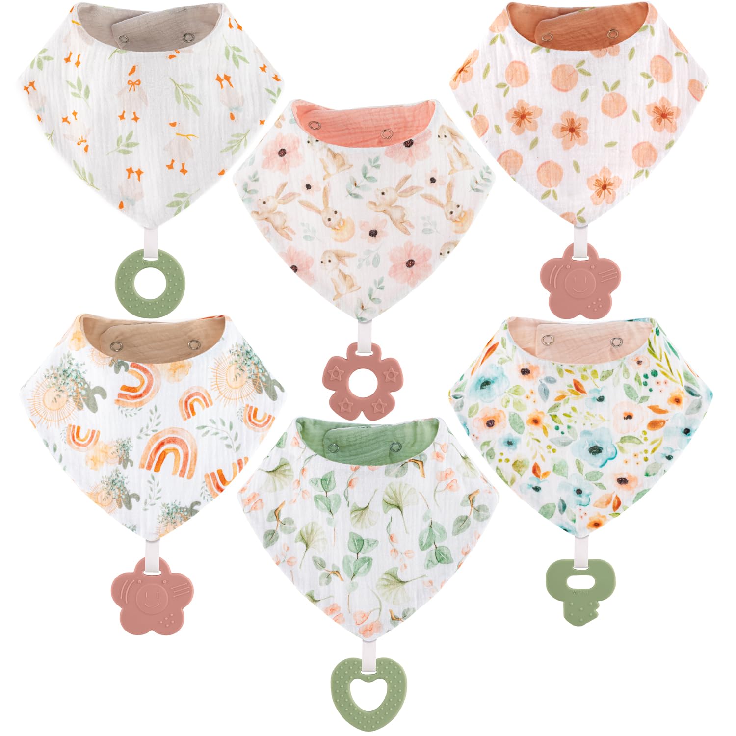 Vuminbox muslin baby bibs with teether, front view, absorbent and soft for teething sessions.