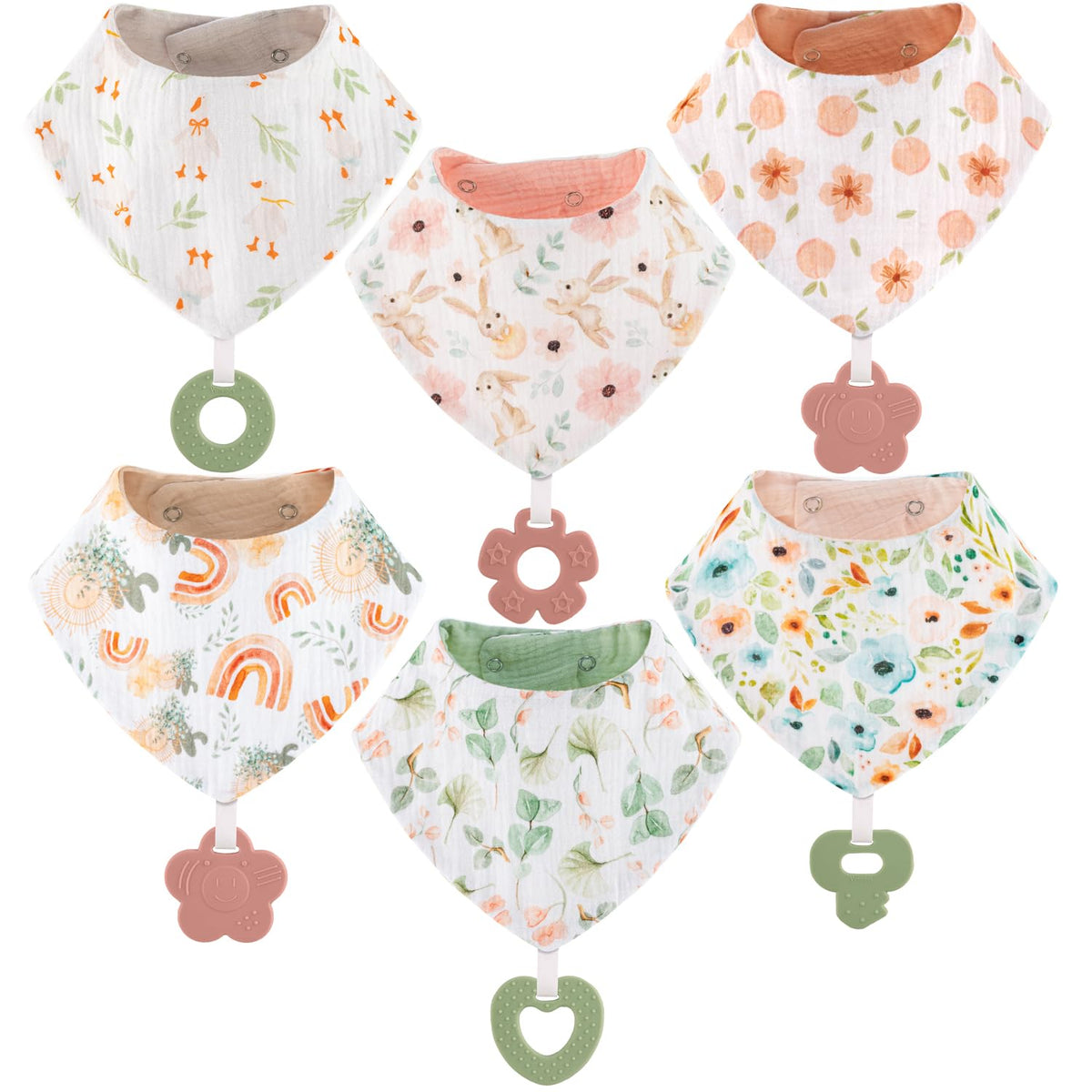 Vuminbox muslin baby bibs with teether, front view, absorbent and soft for teething sessions.