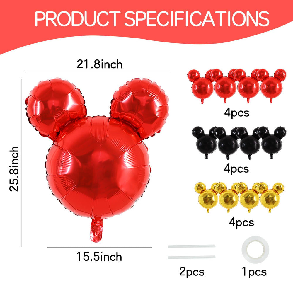 Bold black-red-gold mouse balloon creates a photogenic centerpiece for graduations and themed parties