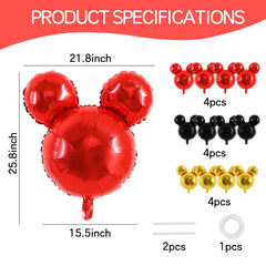 Bold black-red-gold mouse balloon creates a photogenic centerpiece for graduations and themed parties