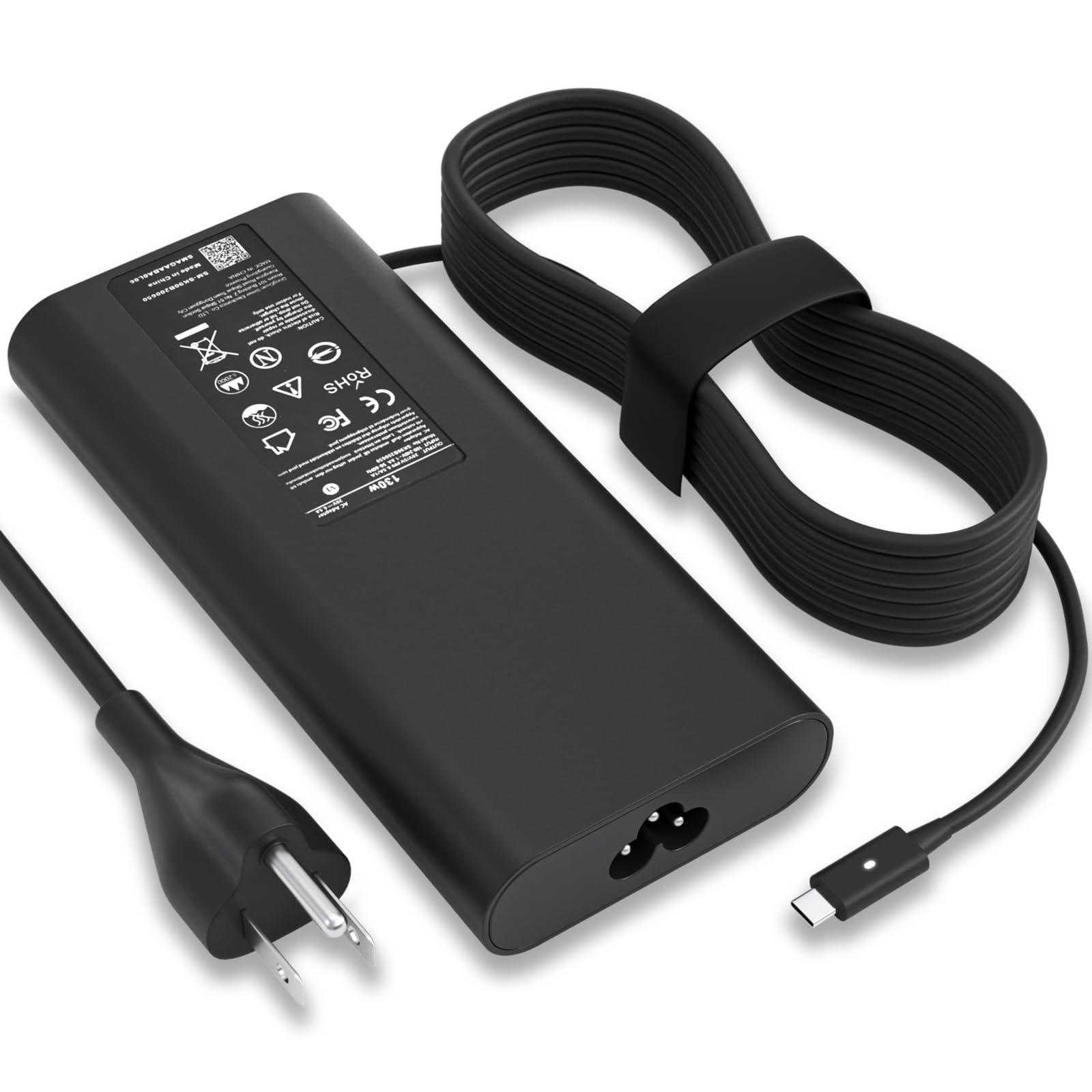VVOX347 Dell 130W USB-C charger front view, compact and travel-ready.