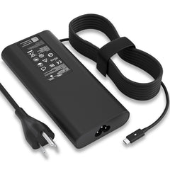 VVOX347 Dell 130W USB-C charger front view, compact and travel-ready.