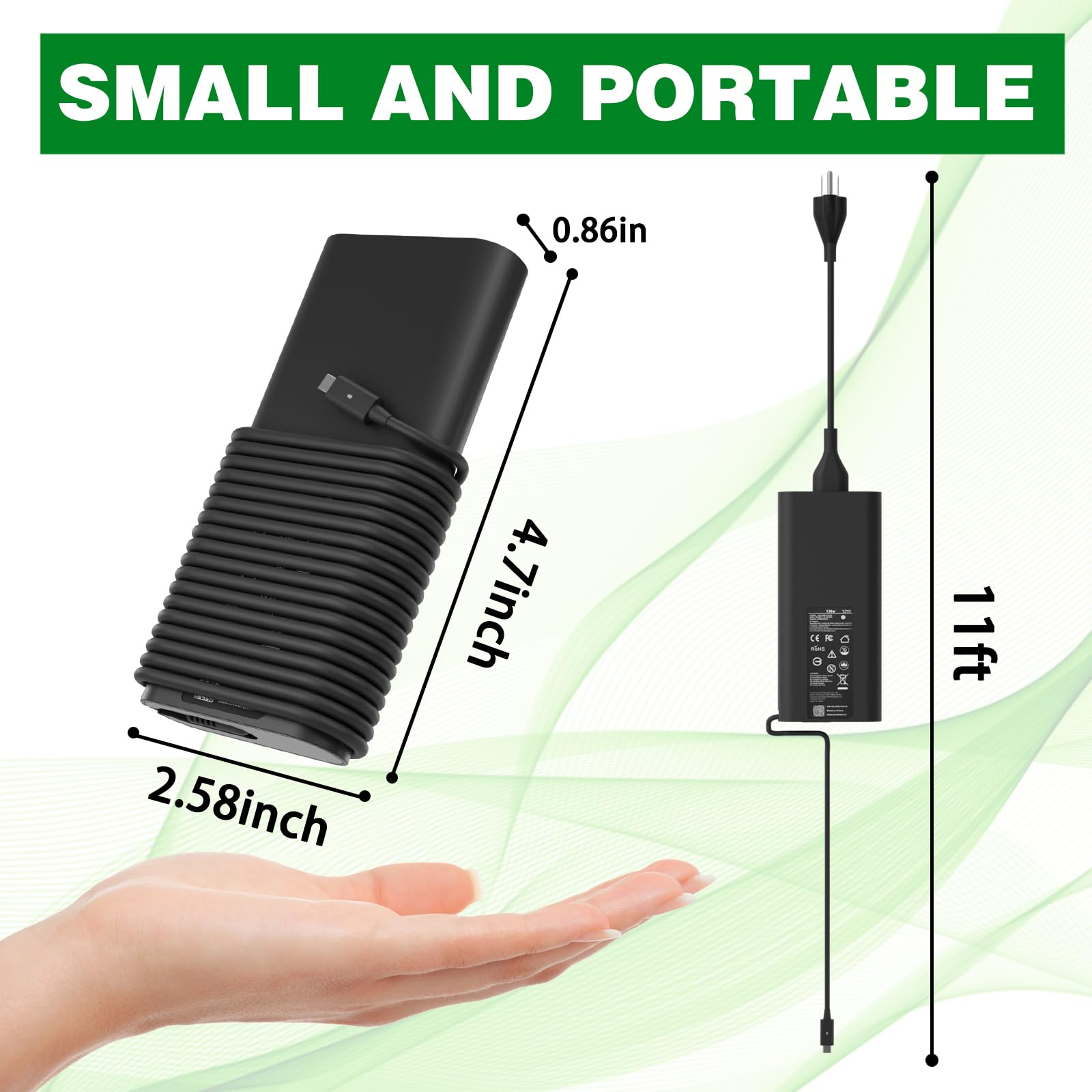 VVOX347 Dell 130W USB-C charger side profile highlighting compact footprint.