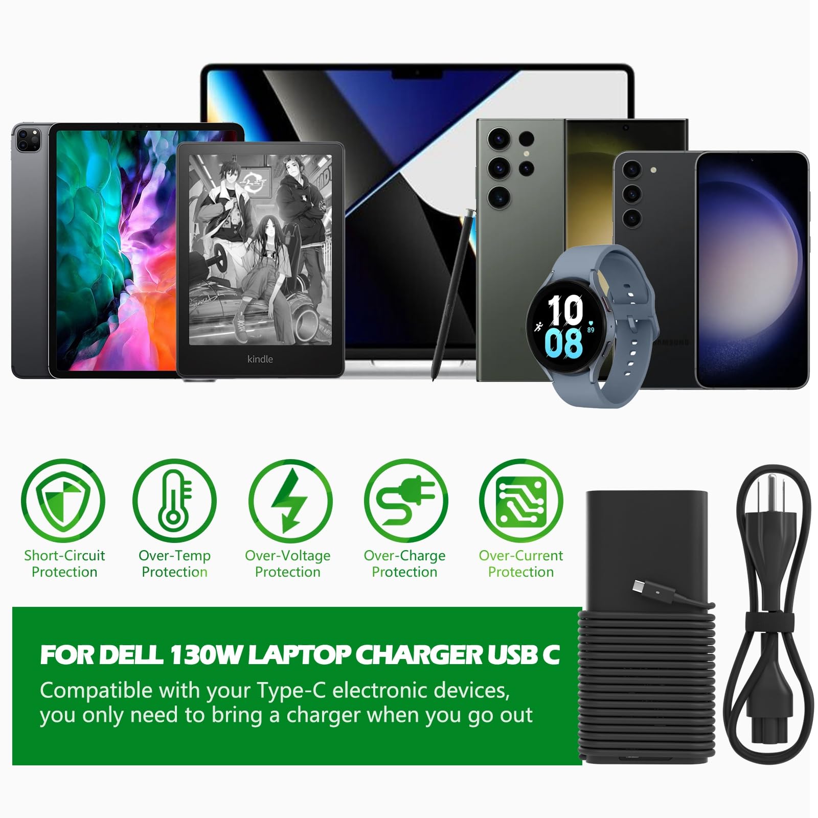 VVOX347 Dell 130W USB-C charger travel setup with laptop.