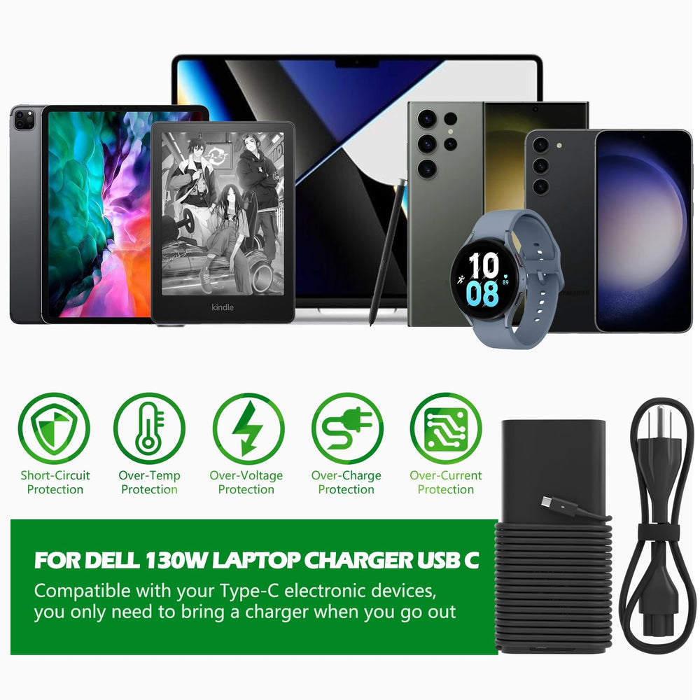 VVOX347 Dell 130W USB-C charger travel setup with laptop.