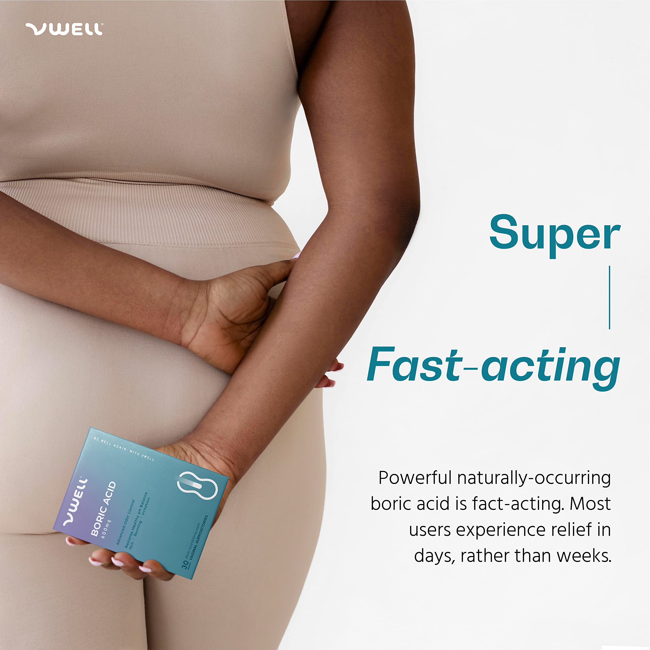 VWELL boric acid vaginal suppositories being inserted during a nightly routine.