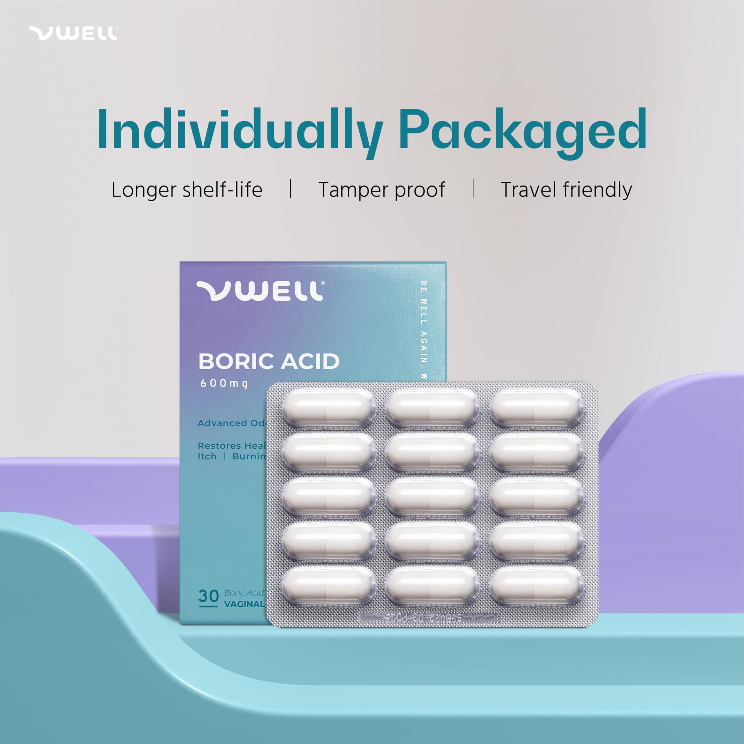 VWELL travel-pack boric acid vaginal suppositories provide on-the-go comfort and discretion.