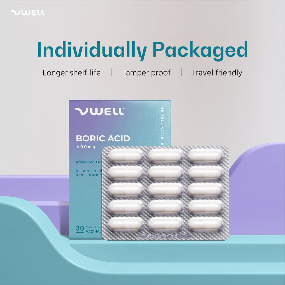 VWELL travel-pack boric acid vaginal suppositories provide on-the-go comfort and discretion.