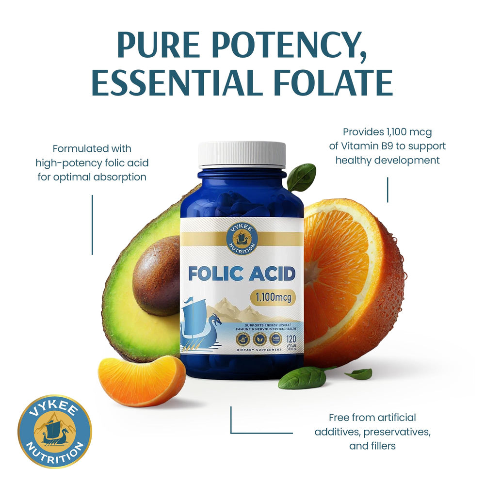 Vykee Nutrition Folic Acid bottle back provides usage guidance.