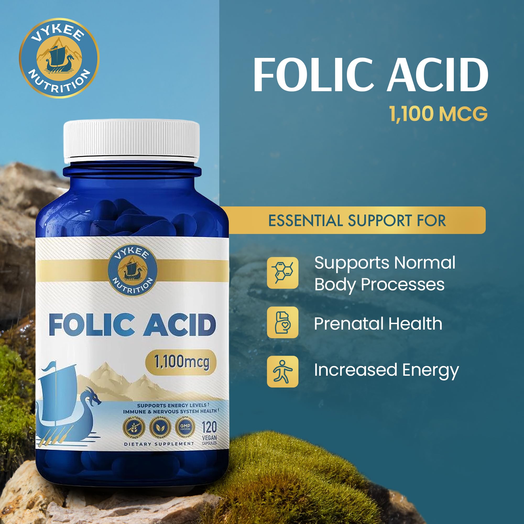 Vykee Nutrition Folic Acid capsules close-up showing easy daily use.