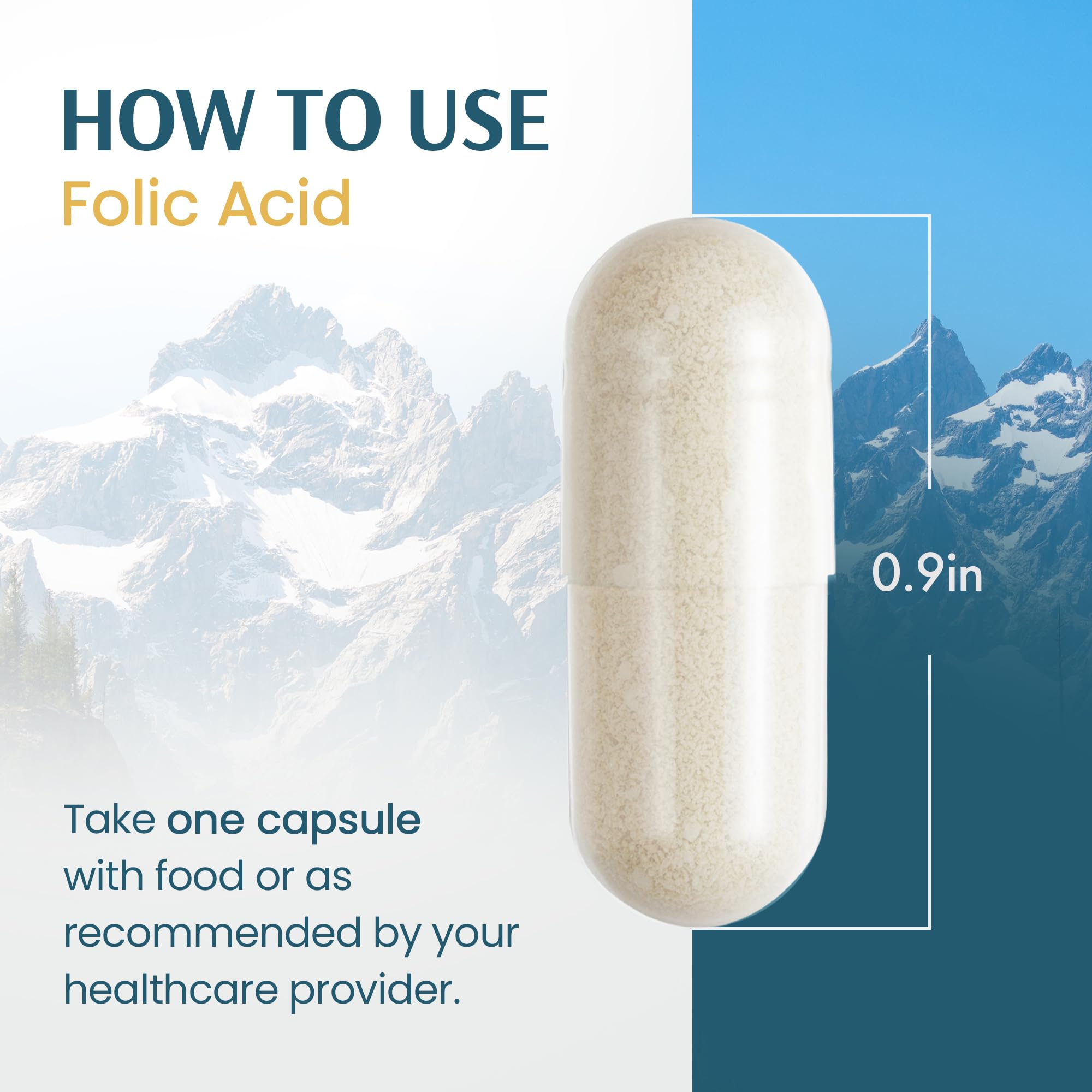 Vykee Nutrition Folic Acid ingredients info panel highlights 1100 mcg per capsule.