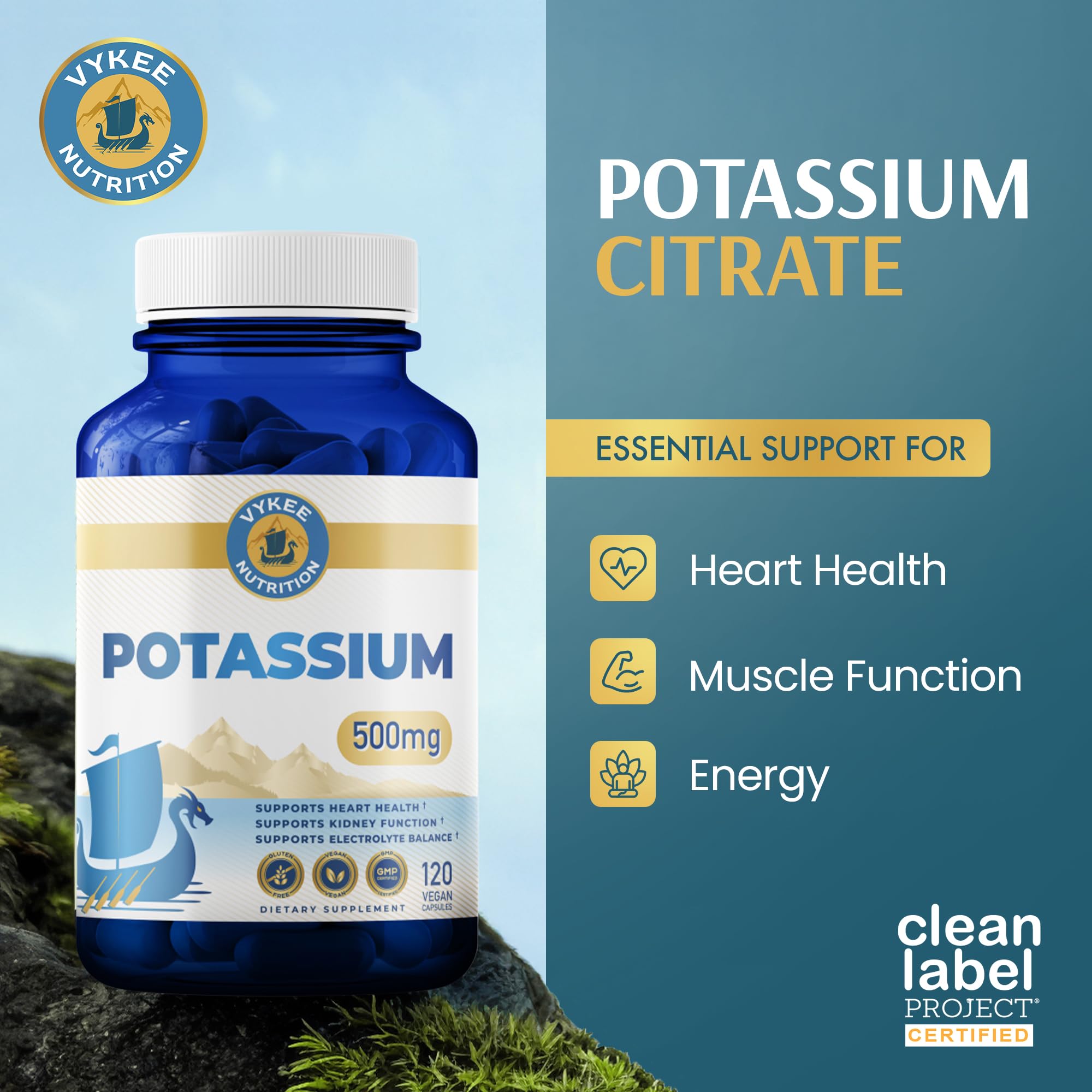 Vykee Nutrition Potassium Citrate capsules bottle label highlights vegan, gluten-free formula
