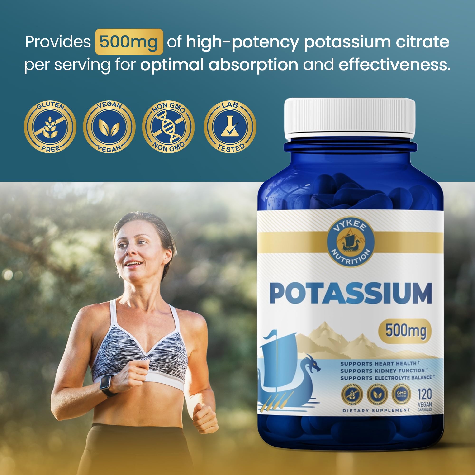 Vykee Nutrition Potassium Citrate capsules ingredients panel confirms vegan, non-GMO