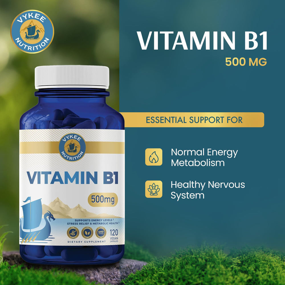 Vykee Nutrition Vitamin B1 capsule label showing vegan and gluten-free formulation