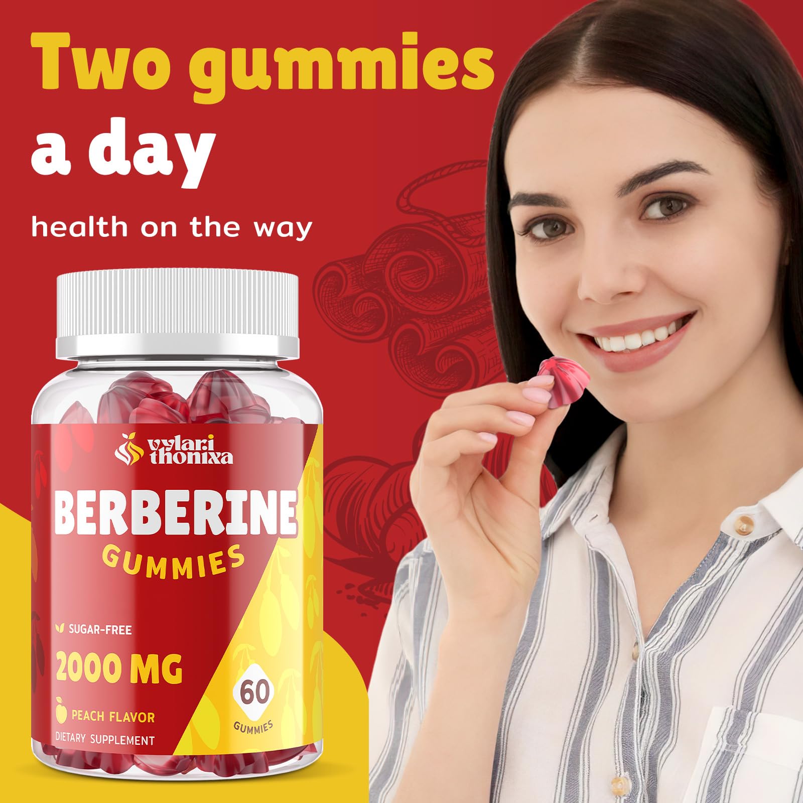 Vylarithonixa Berberine Gummies peach flavor close-up, sugar-free vegan treat