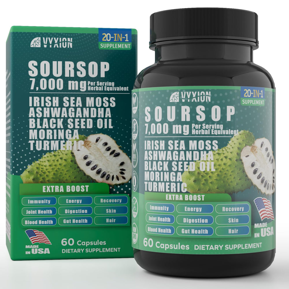 Vyxion Soursop 20-in-1 bottle front highlights the complete herbal formula for daily wellness