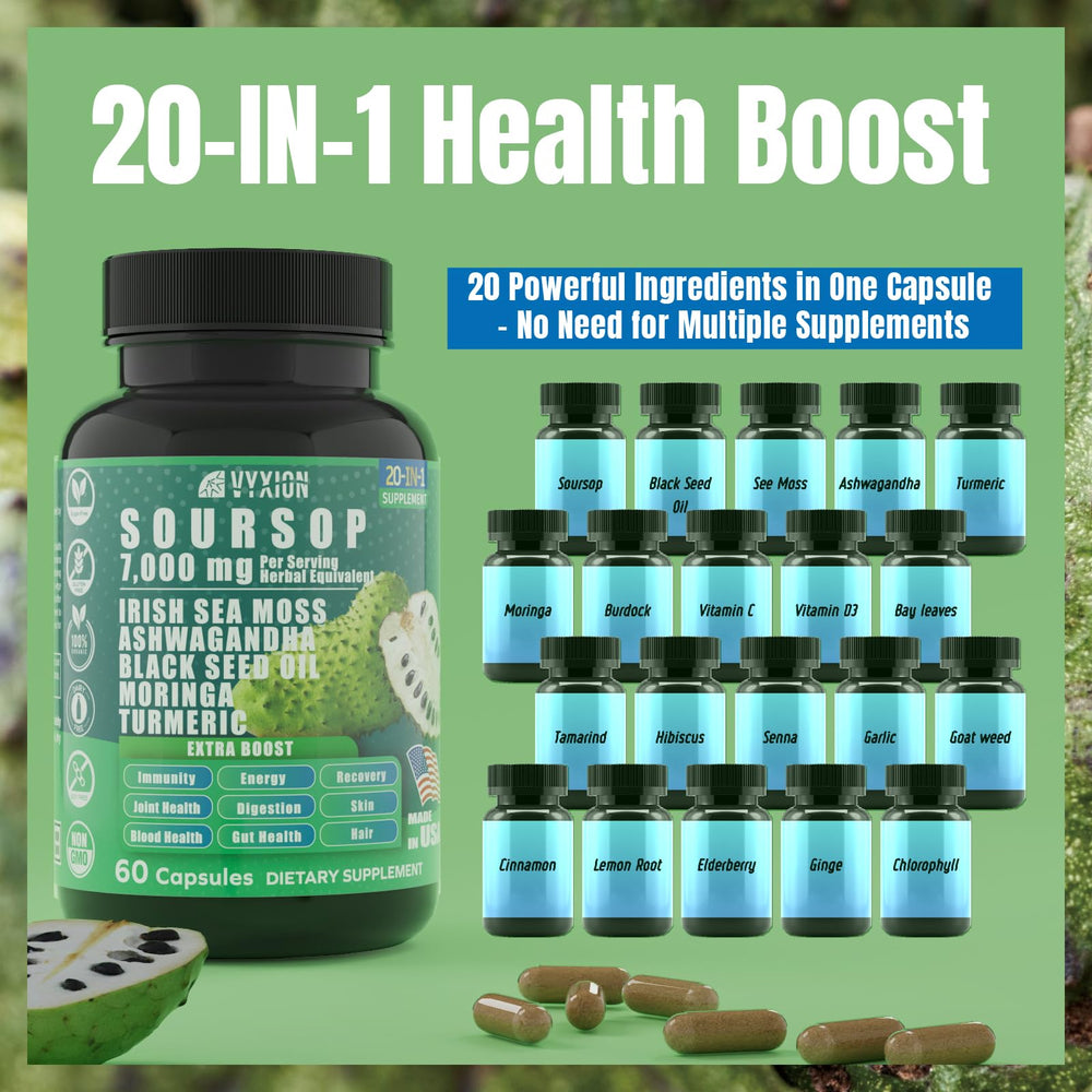 Vyxion Soursop 20-in-1 bottle side label presents the 20 ingredients and non-GMO promise