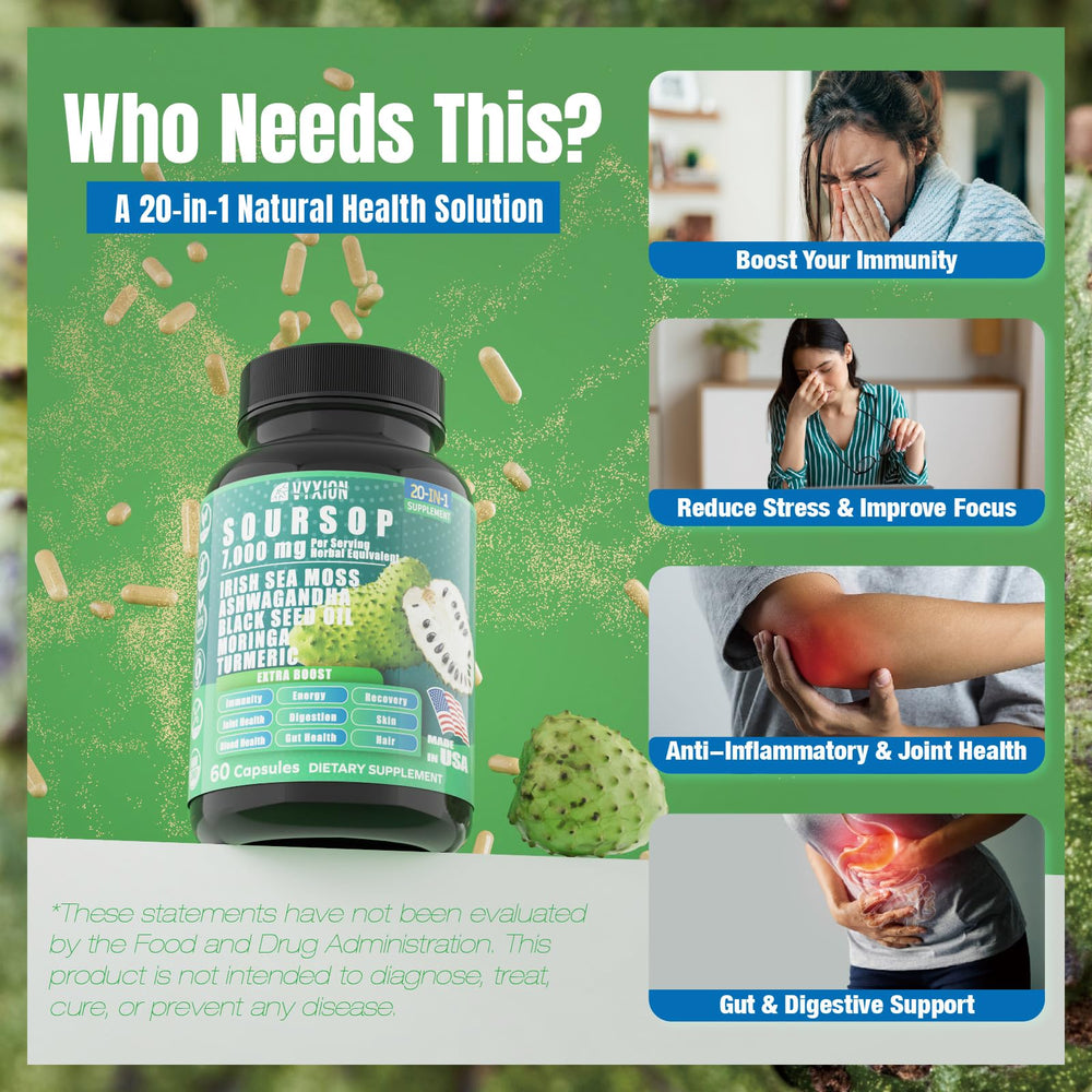 Vyxion Soursop 20-in-1 capsules arranged for an easy daily routine